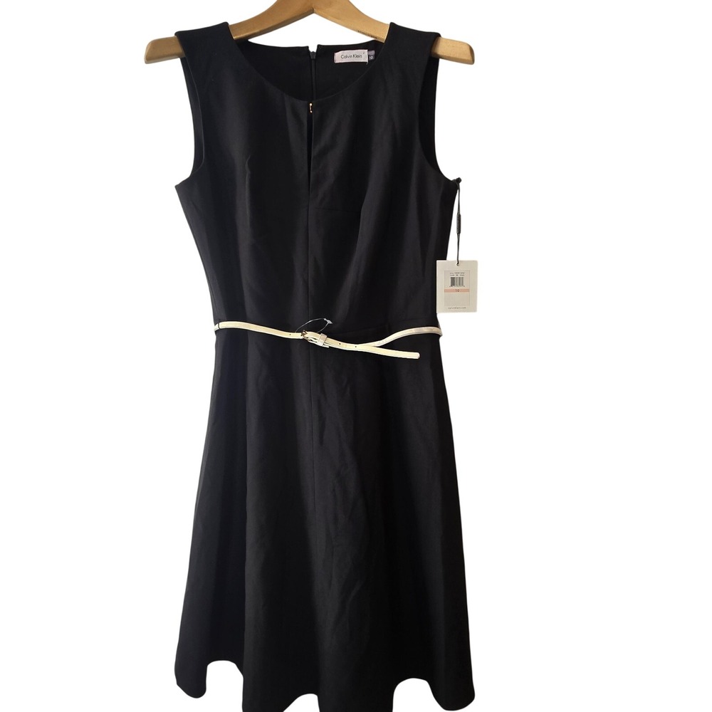 Calvin Klein Black V-Neck Belted Sheath Dress | Size 10 | Career Chic RN54163